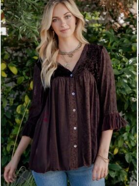 K157 Young Threads Women's Dark Brown Velvet Button-Front Peasant Blouse NWT